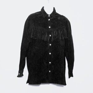 Double D Ranch Wear Vint Black Suede Leather New Fringe Jacket Shirt Shacket USA
